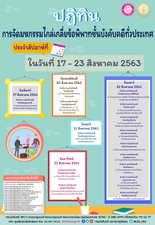﻿กรมบังคับคดีจัดมหกรรมไกล่เกลี่ยข้อพิพาทชั้นบังคับคดีทั่วประเทศ ระหว่างวันที่ 17 - 23 สิงหาคม 2563